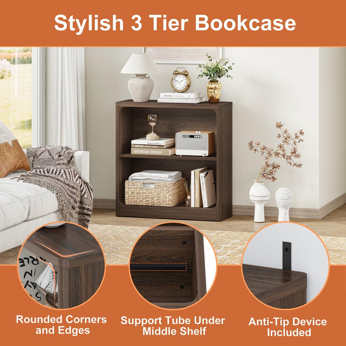 FATORRI Small Wooden Bookshelf, 2-Tier Open Bookcase with Rounded Corners, Compact Floor Standing Storage Book Shelf for Living Room, Bedroom, Home Office (Dark Walnut)