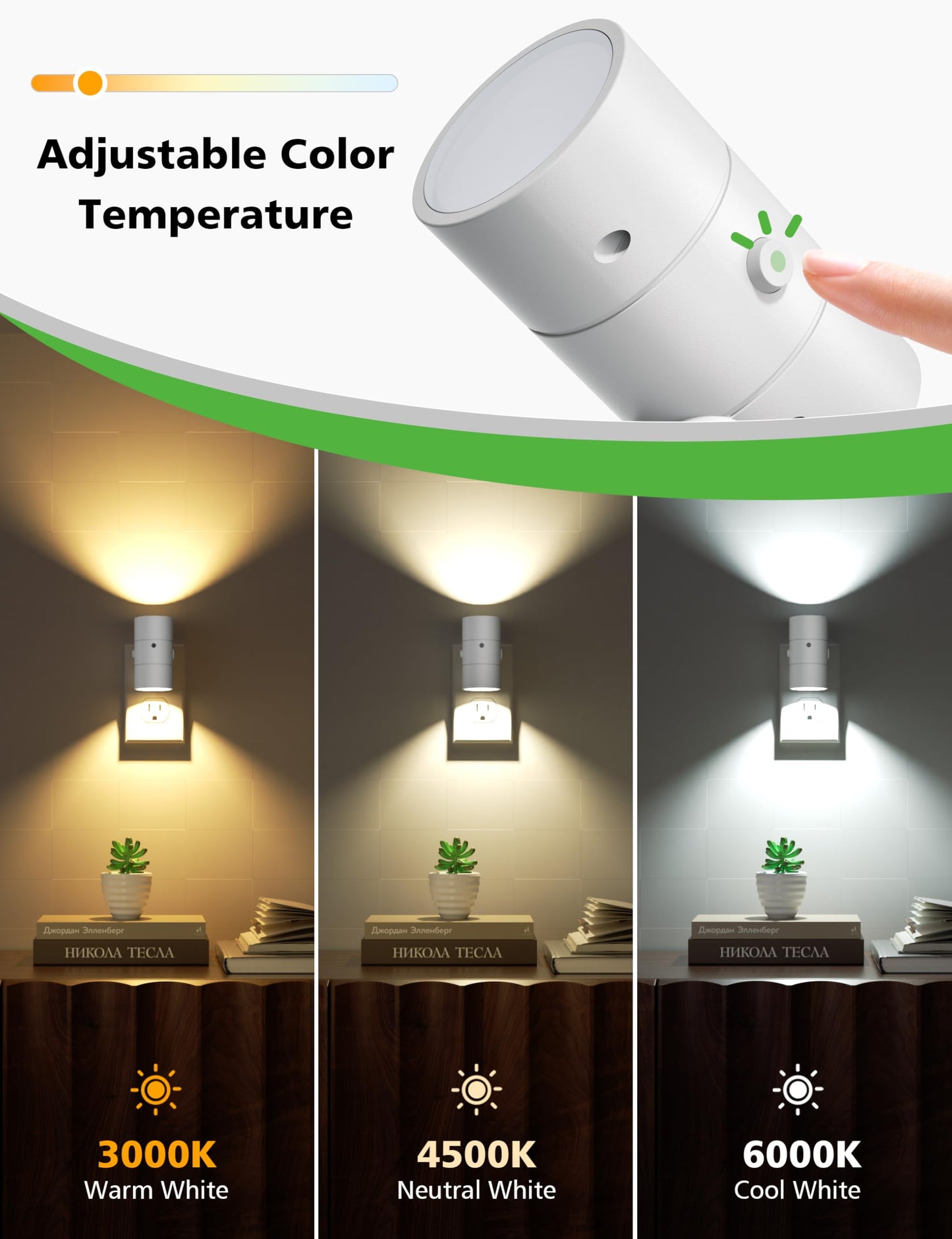 JOFIOS Night Lights Plug Into Wall,Dimmable LED Nightlight with Dusk to Dawn Light Sensor,0-100LM Adjustable Brightness,3 Color Temperatures,Night Light for Hallway Bathroom Stair Bedroom,White,2 Pack