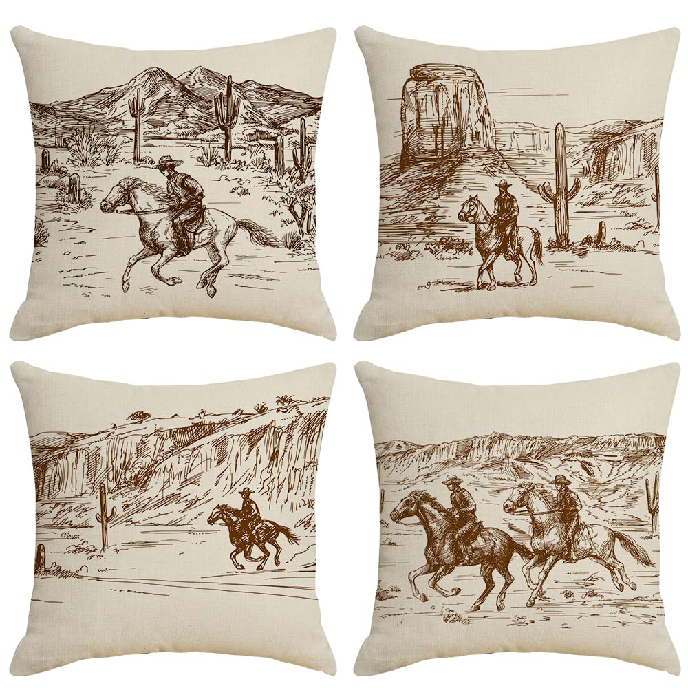 Sagielio Western Throw Pillow Covers Western Home Decor 18x18 Set of 4, Cotton Linen Pillows for Couch Living Room and Bedroom, Pillow Case Set for Cowboy Couples Boys Girls (Beige)
