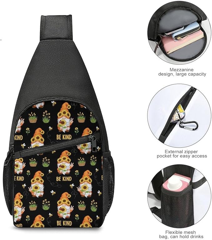 SWEET TANG Cool Sling Backpack for Men Women, Multipurpose Crossbody Shoulder Bag Be Kind Sunflower Gnome, Travel Hiking Zippered Daypack, Adjustable and Breathable
