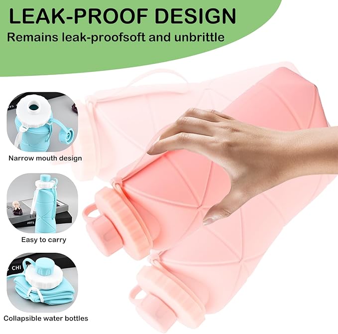 JINGYAN Collapsible Water Bottle 20oz, BPA-Free Silicone Foldable Design with Leak-Proof Lid & Lanyard - Portable Travel Water Bottle for Hiking, Gym, Camping (Green)