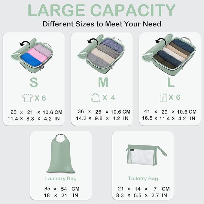 Cipway Compression Packing Cubes, Ultralight Luggage Organizer Bags with Laundry Bags and Clear Toiletries Bag, Travel Essentials for Carry on Suitcase (6 Piece,Sage Green)