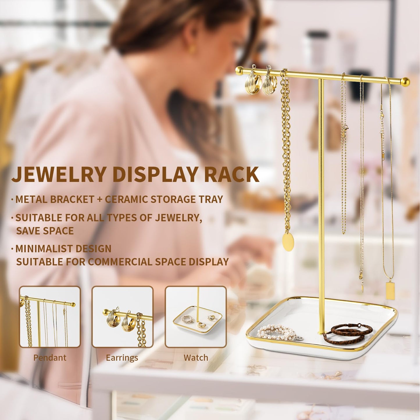Leijosya modern T-shaped jewelry rack, jewelry tower, gold metal, square ceramic base decoration display tower, necklace, bracelet, ring storage rack (1-layer ceramic disc)