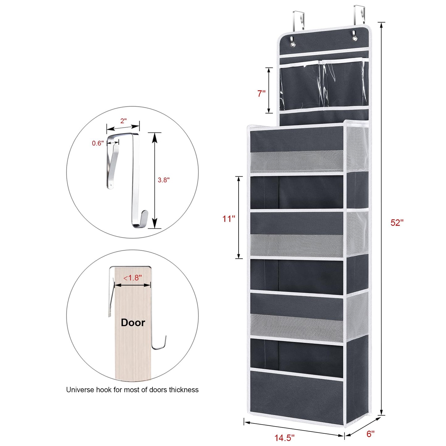 Univivi Over The Door Organizer with 6 Side Mesh Pockets, 5 Shelf Door Hanging Organizer Large Capacity Door Storage for Closet Nursery Bedroom Dorm and Baby Essential