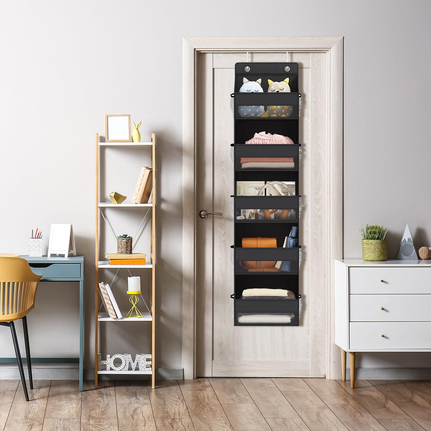 Fixwal Over Door Storage Organizer, 5-Shelf Wall Mount Upgrade Hanging Storage with 5 Large Pockets 10 Mesh Side Pockets for Pantry Bedroom Dorm Pantry Nursery Bathroom Diapers Clothes (Black)