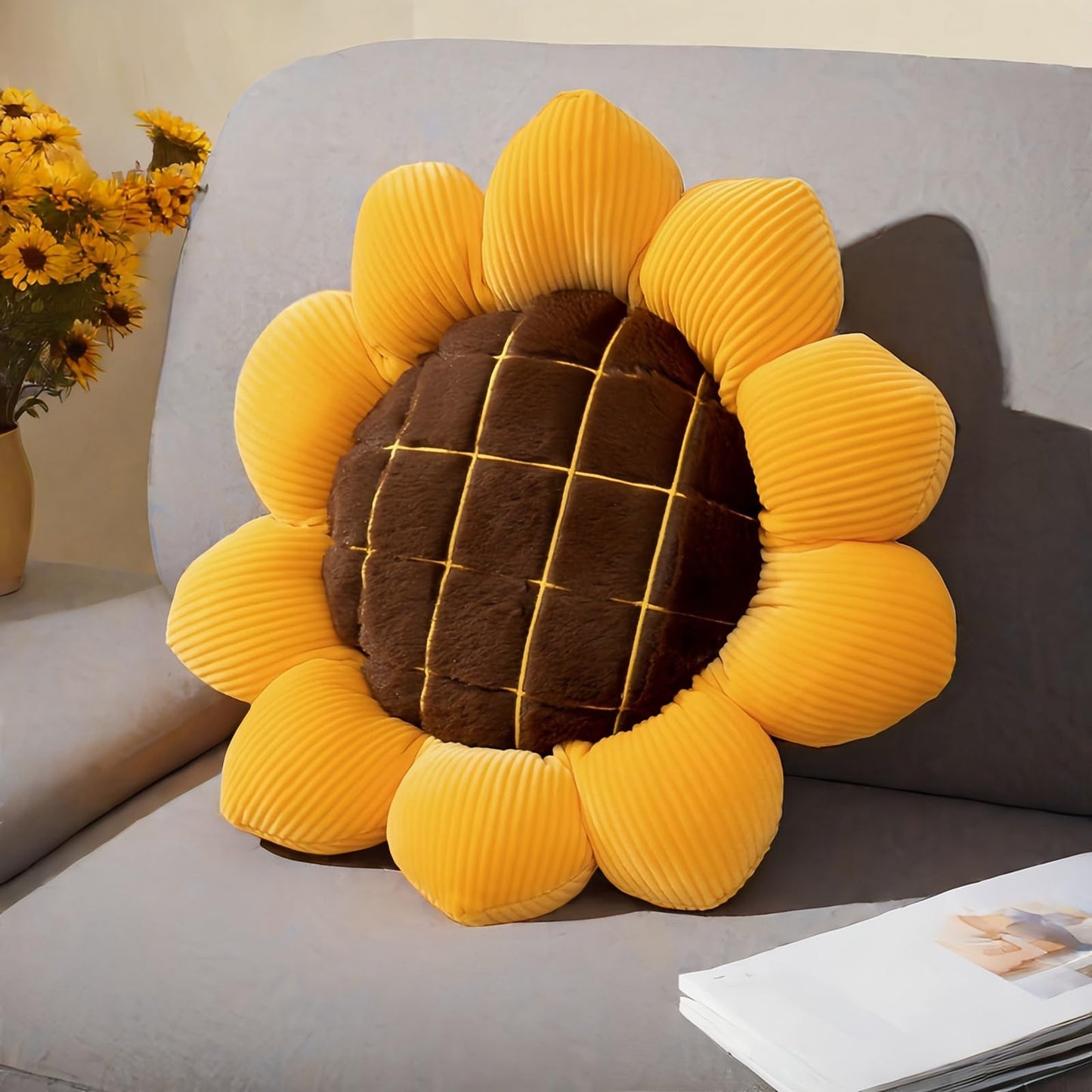 Nmkopzy 2 Pcs Sunflower Throw Pillow for Home Decor, Sunflower Shaped Pillows Large Flower Floor Seating Cushions Chair Pads for Bed Car Couch Office (19 Inch)