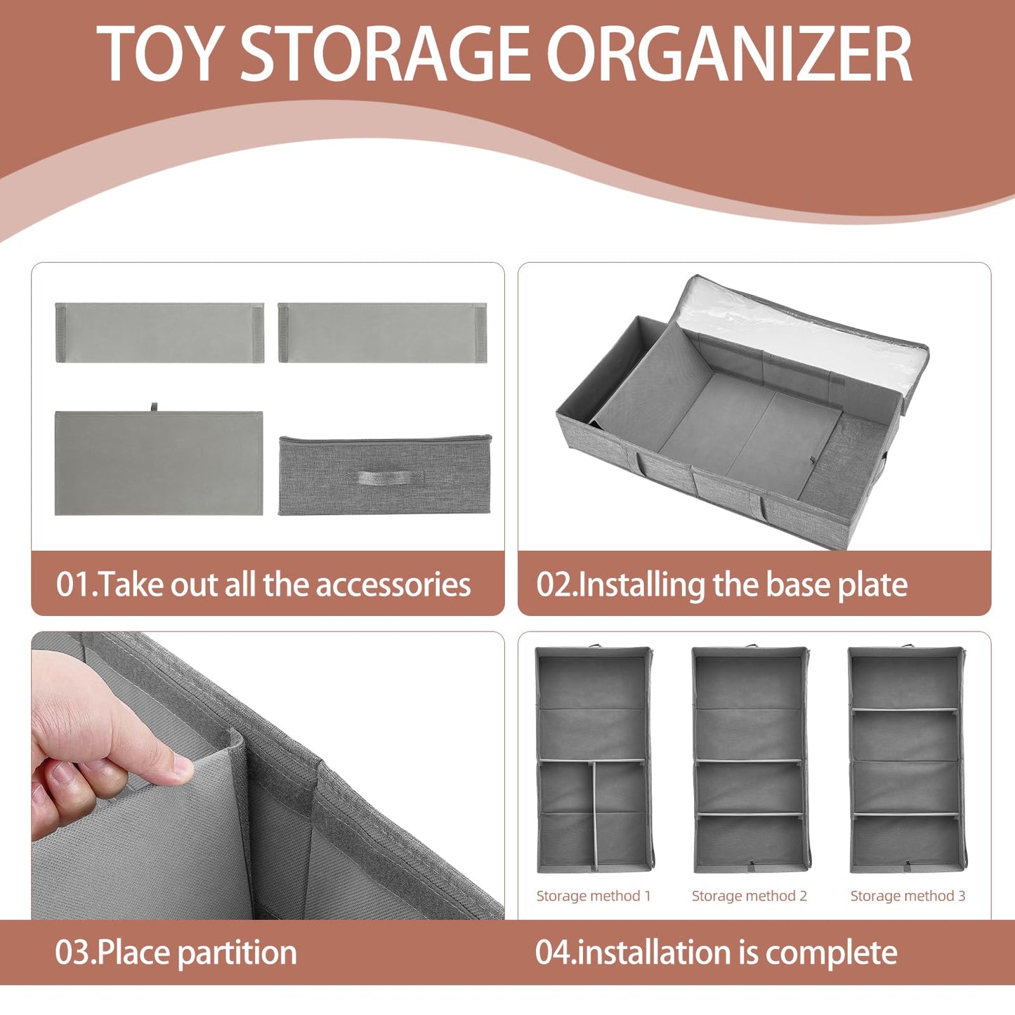 2-Pack Under Bed Toy Storage Boxes, Grey Toy Organizer with Clear PVC Lid, Foldable Under Couch Storage Bins (31.8×16×5.9in), Toys Storage Containers for Plush Dolls, Books, Clothes, Shoes & Blankets