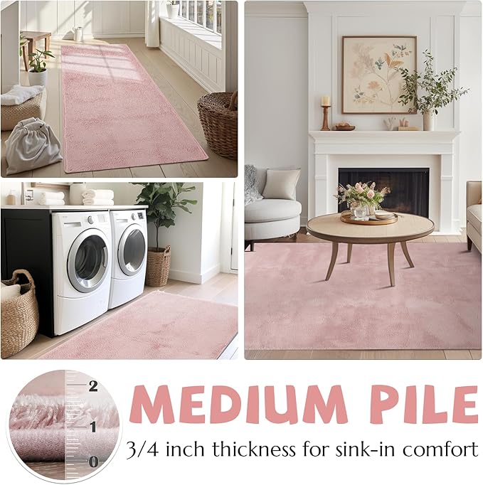 jinchan Solid Plush Runner Rug 2x6 Performance Shaggy Washable Hallway Rug Soft Modern Faux Wool Cozy Non Slip Carpet for Bedroom Laundry Room Living Room Kids Nursery Pink