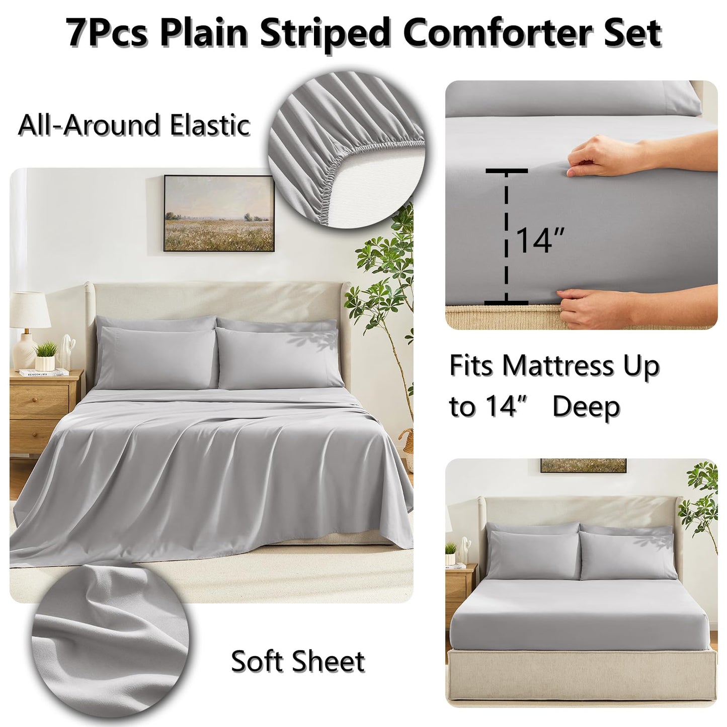 CozyLux Queen Comforter Set French Grey, 7 Pieces Bed in a Bag, Gray Comforters Queen Size, All Season Bedding Sets with Stitch Quilted Comforter, Flat Sheet, Fitted Sheet, Pillowcases