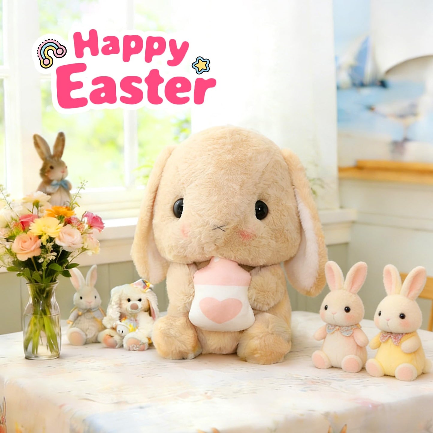 HOUPU Soft Toy - Sitting Lop Eared Rabbit, Easter White Rabbit Stuffed Bunny Animal with Carrot Soft Lovely Realistic Long-Eared Standing Pink Plush Toys (Brown-Milk Bottle,8.6in/22cm)