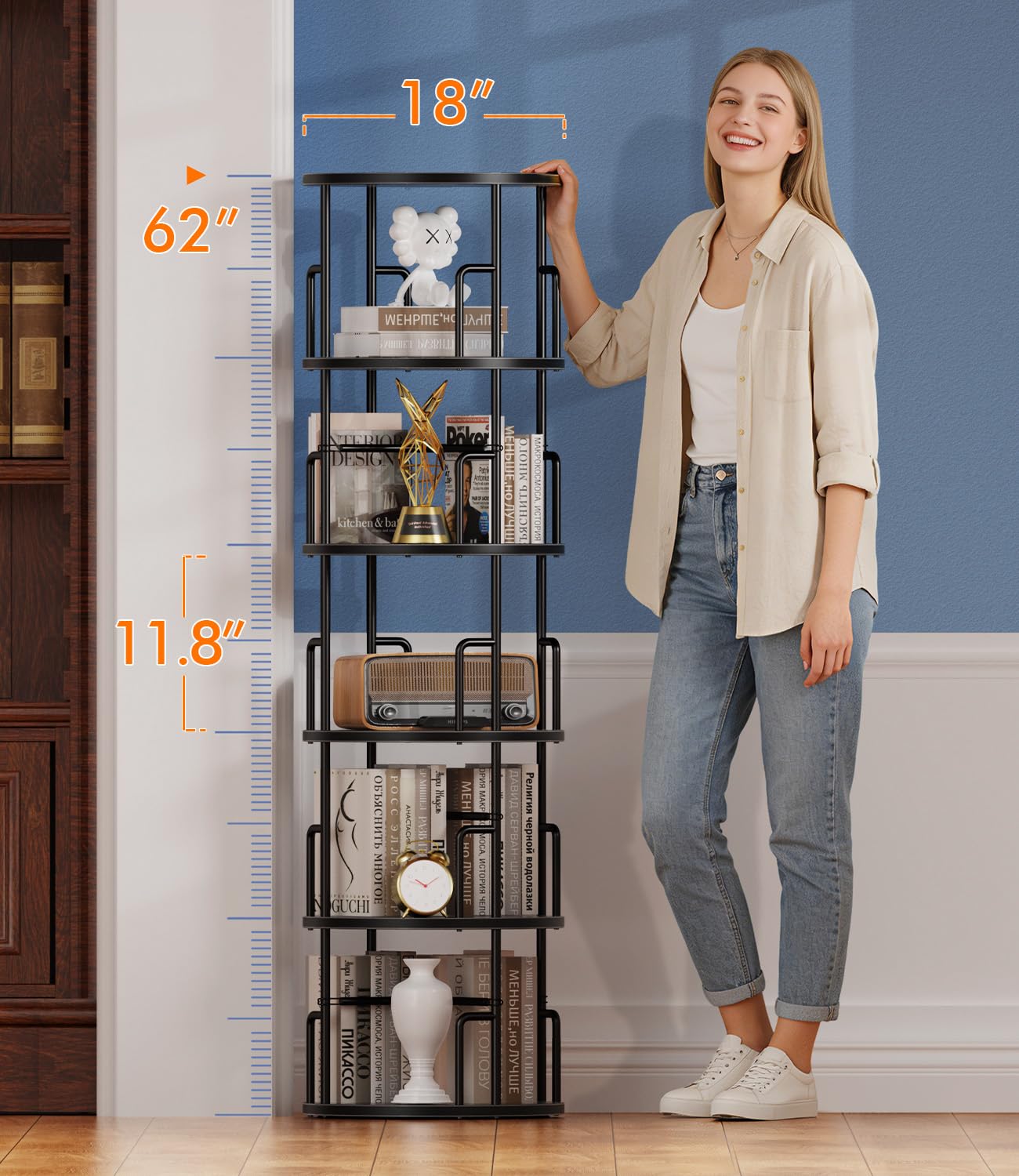 5 Tier Rotating Bookshelf Tower Round Black,62”Tall Standing Spinning Bookshelf Tower Anti-Tipping Design,Metal & Wood Revolving Bookcase Stackable Space Saving for Small Spaces,Study,Living Room