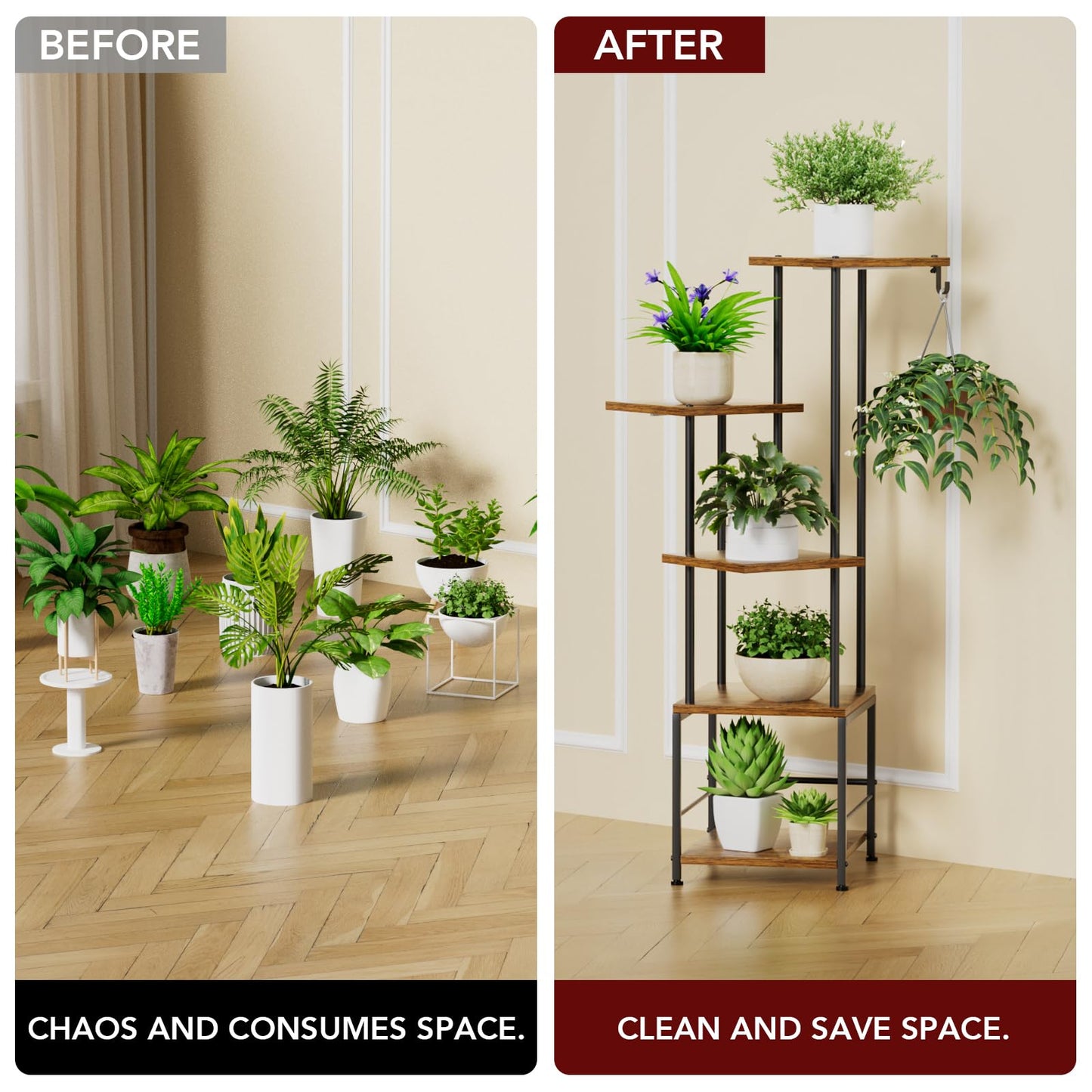 Homsorout Plant Stand Indoor with Grow Light - 5-Tier Metal Plant Shelf with Hanging Basket Hook, Corner Tall Flower Holder for Multiple Plants, Living Room Balcony Garden Patio, Rustic Brown