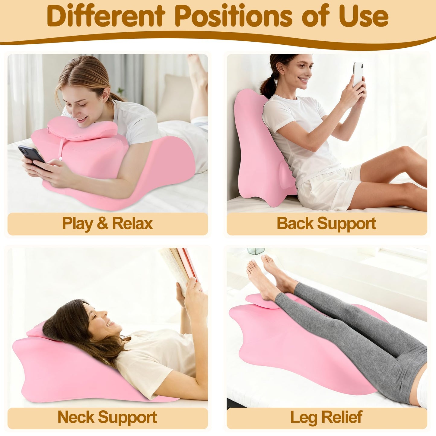 MYFAMIREA Memory Foam Ergonomic Wedge Pillow for Adults, Prone Pillow for Bed Sleeping, Reading, Memory Foam Ergonomic Cushion for Back Support, Sitting Up and Back Pain, with Removable Cover (Pink)