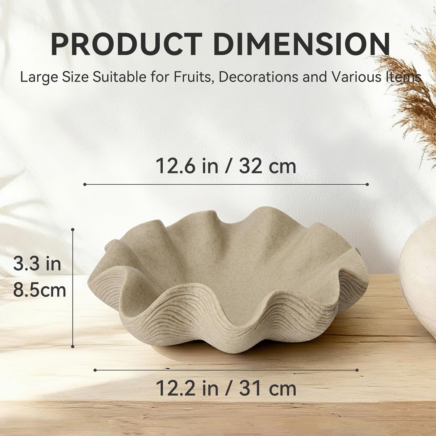 KEWOOL Scalloped Decorative Bowl Home Decor - 12.6" Modern Handicraft Large Shell Ruffle Decorative Fruit Bowl for Kitchen Counter, Chic Key Tray for Entryway Table, Artificial Stone Beige
