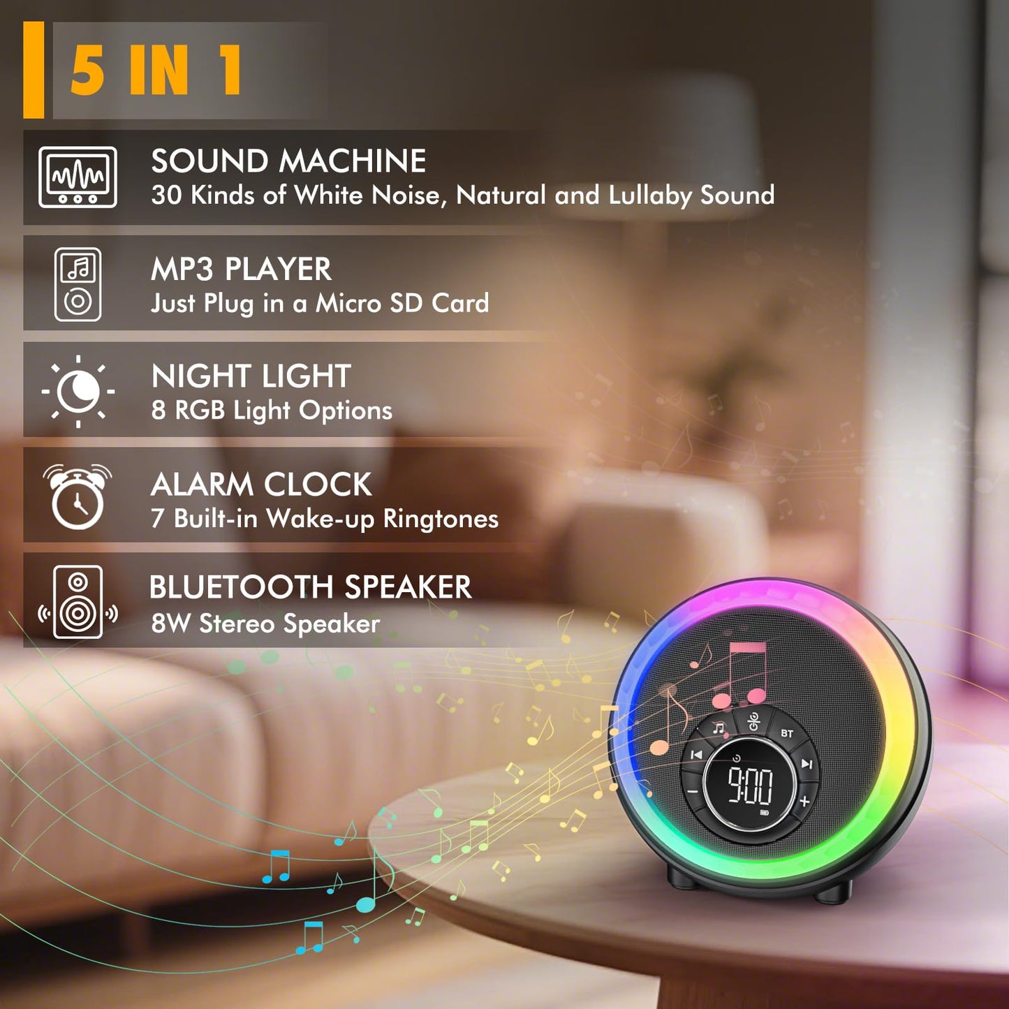 Night Light Bluetooth Speaker Alarm Clock, Portable Sound Machine with White Noise, Touch Bedside Lamp for Bedroom, Dimmable Warm Light, RGB Color Changing, Best Gifts for Teenage Boys Girls