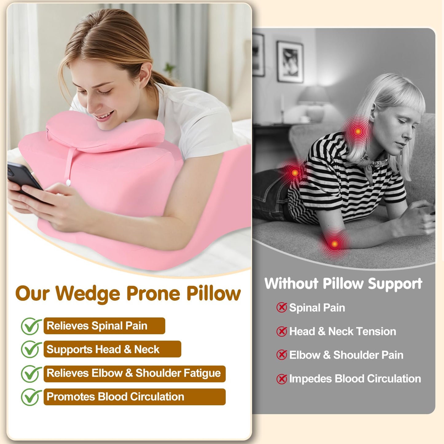 MYFAMIREA Memory Foam Ergonomic Wedge Pillow for Adults, Prone Pillow for Bed Sleeping, Reading, Memory Foam Ergonomic Cushion for Back Support, Sitting Up and Back Pain, with Removable Cover (Pink)