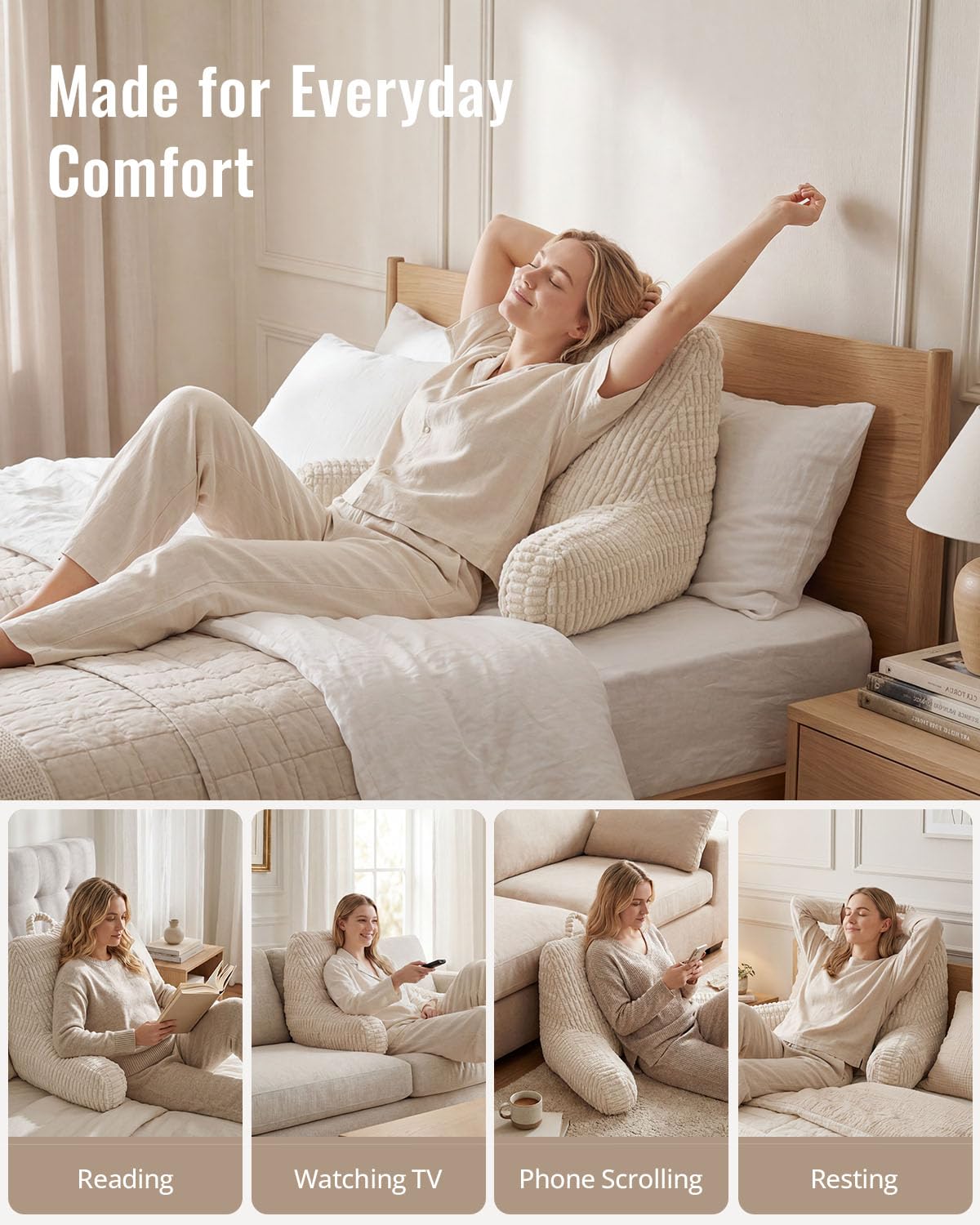 Blissful Diary Reading Pillow, Backrest Pillow with Shredded Memory Foam for Adult & Children, Designed for Bed and Couch Sitting Up, Includes Arms, Pockets and Washable Cover, Off White