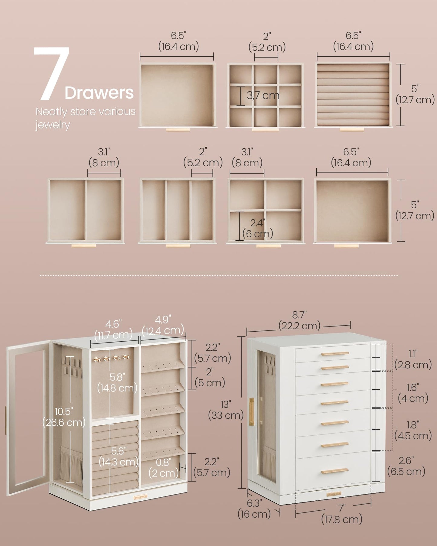 SONGMICS GISELLA Collection - Jewelry Box 360° Rotating, Jewelry Storage Case with 7 Drawers, Jewelry Organizer, Glass Window, Open Design, Great Gift, Light Warm White and Light Camel UJBC201W01