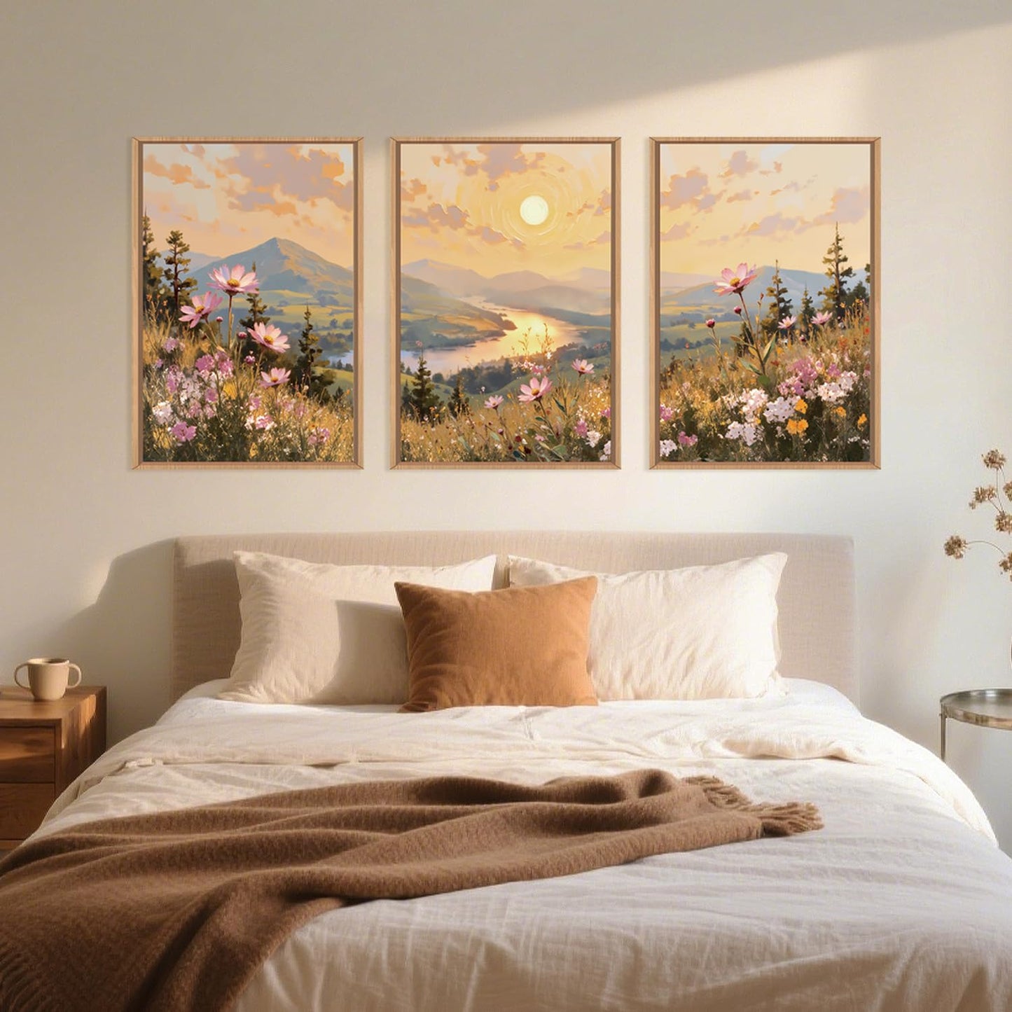 LHIUEM Large Boho Sunset Wildflower Framed Canvas Wall Art,Nature Pink Flower Wall Decor,Blossom Botanical Mountain Landscape Artwork for Living Room,Bedroom,Dining Room,Office -16"x24"x3