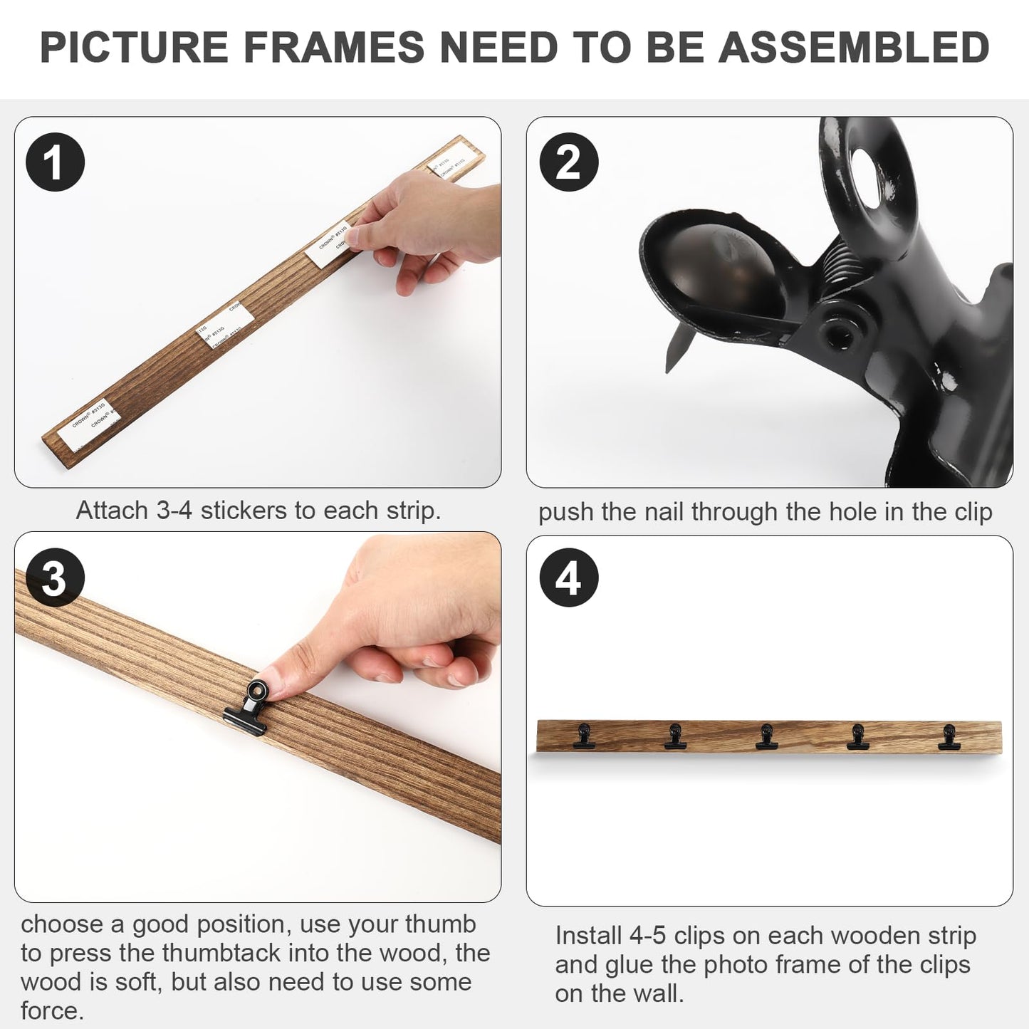 Aiyome 6 Wooden Wall Hanging Photo Frames With 27 Clips, Decorative Collage Picture Frame, No Drilling Required, Adhesive Stickers, Easy to Install, Carbonized Brown