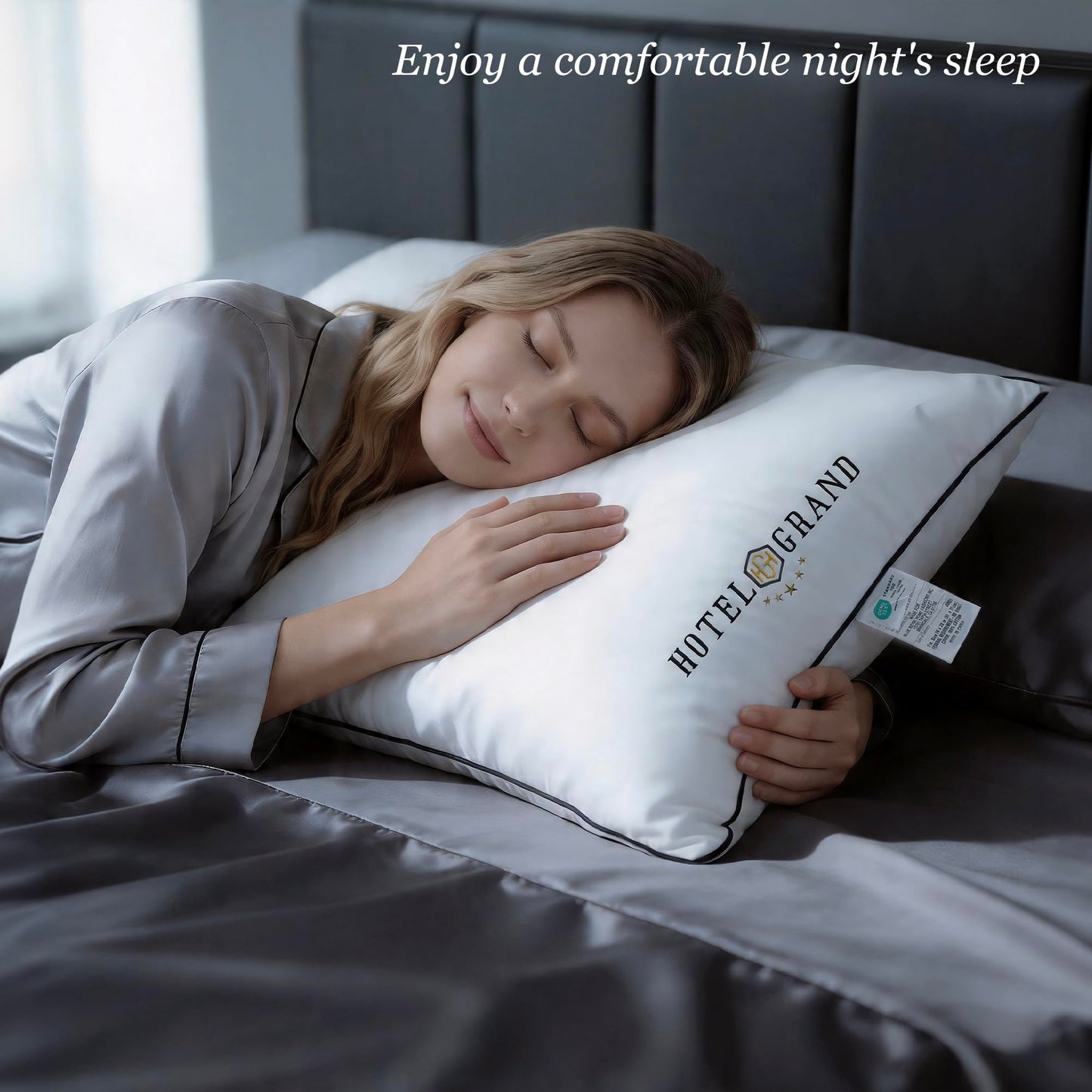 Hotel Grand Bed Pillows Queen Size Set of 2, Medium Soft Down Alternative Sleeping Pillows for Side Back Sleepers, 400 Thread Count Breathable Cotton Cover, 20x28 Inches, White