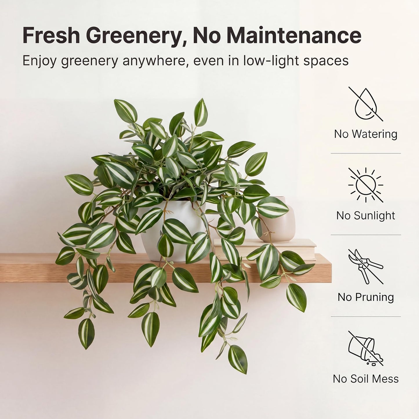 Briful Fake Plant Indoor, 17.7" Green White Faux Trailing Plant in White Plastic Pot Fake Cascading Greenery Plant for Shelf Bathroom Kitchen Office Desk Cabinet Tabletop Home Decor