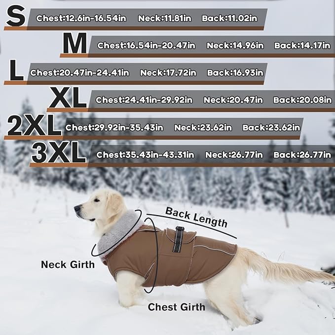 Lelepet Warm Dog Coats for Small Dogs Waterproof Dog Jacket Reflective Pet Fleece Vest Windproof Cold Weather Coats with Adjustable Buckle & Leash Hole, Turtleneck Doggy Snowsuit, Brown, S
