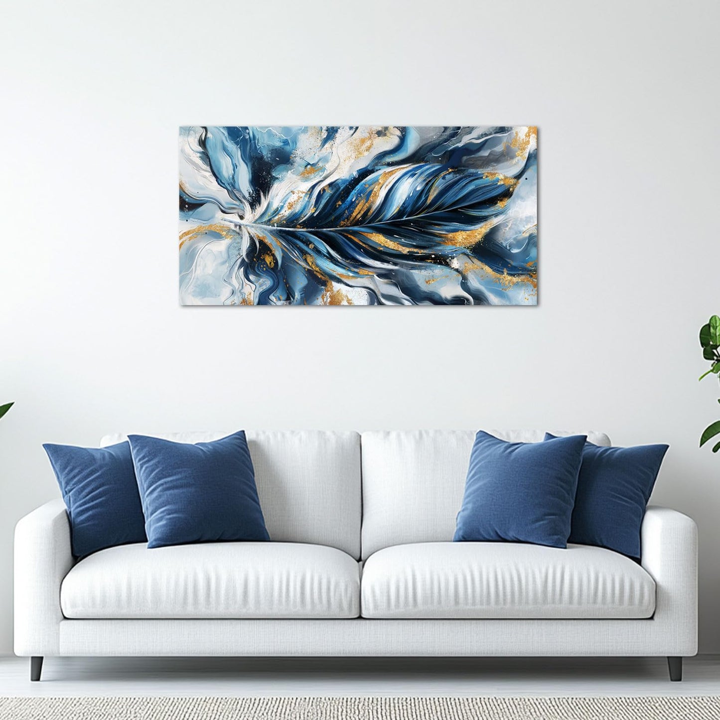 Biuteawal Feather Wall Art Elegant Flying Feathers Picture Print Blue and Gold Art Canvas Modern Luxury Decorative Paintings for Bedroom Living Room Framed
