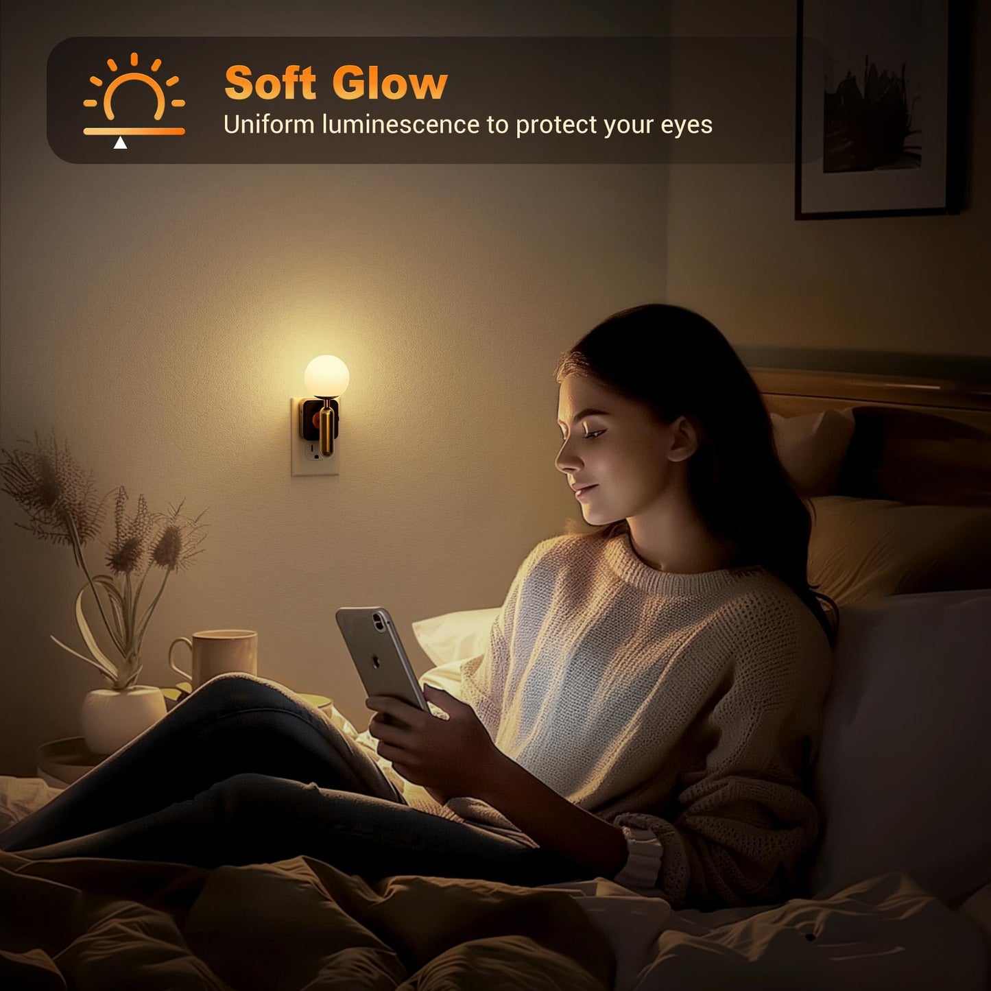 JandCase Night Light Plug in, Night Lights Plug into Wall, 3000K Soft Light LED NightLights, 0-100LM Dimmable Night Light, Built in Dusk to Dawn Sensor for Hallway Bedroom Stairway