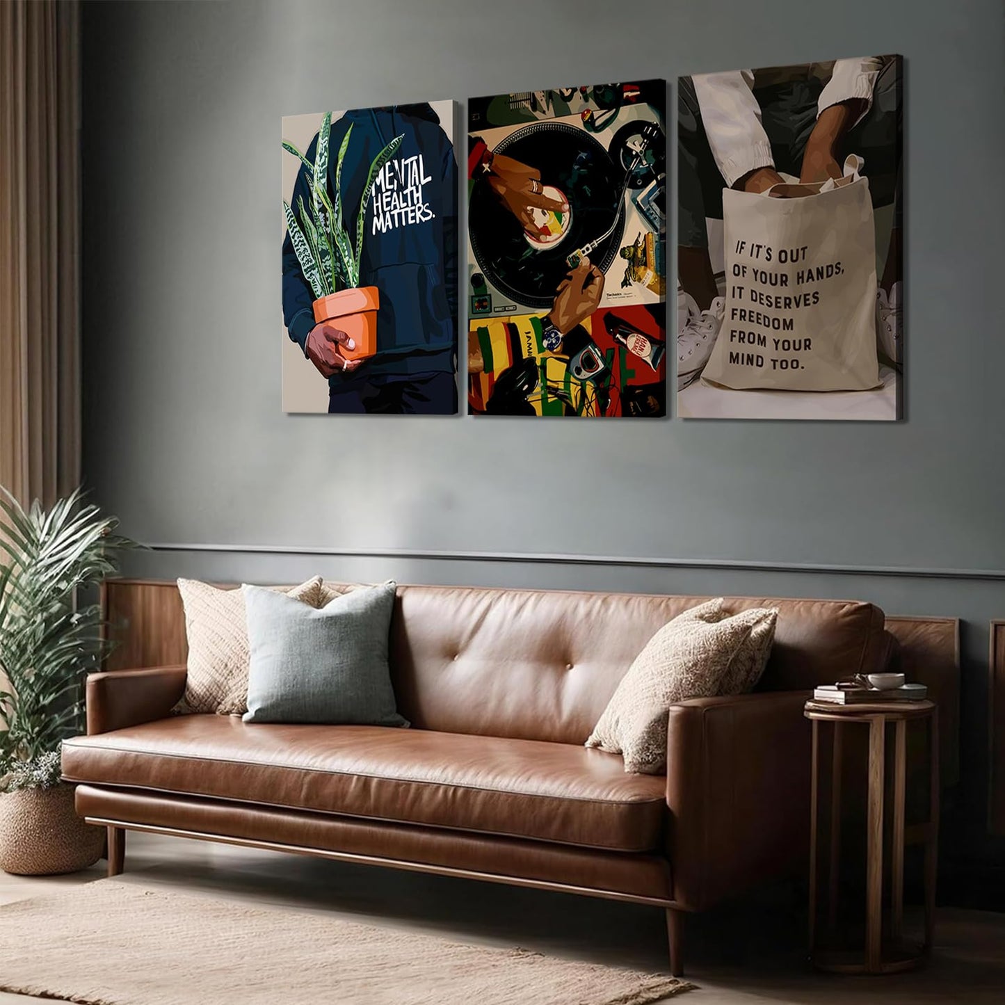 Patto Black Men Canvas Wall Art Set of 3 Fashion African American Black Man Prints Record Music DJ Painting Pictures Wall Decor Mental Health Artwork for Living Room Bedroom Decoration 12x16in