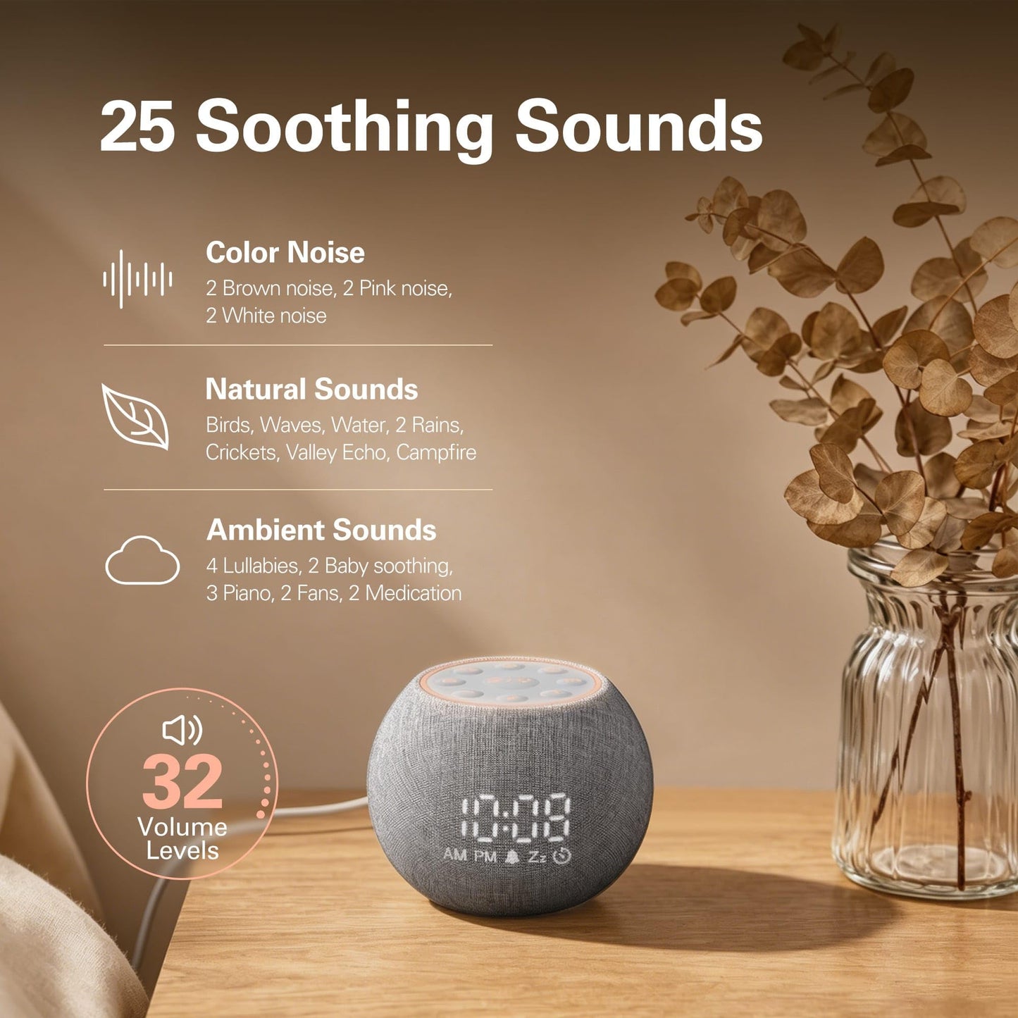 Zarler Sound Machine Alarm Clock for Bedroom, White Noise Machine Soothing Sounds for Sleep, Gentle Alarms for Wake Up, Dimmable Clock Display, Ambient Night Light, Plug in Bedside for Sleeping Adults