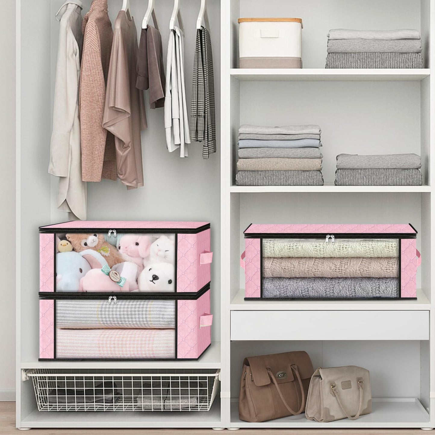 HomeHacks Storage 3-Pack Clothes Organizer Storage Bags Foldable Storage Box with Large Clear Window Sturdy Handles for Closet, Dorm, Pillows, Bedding, Clothes, Blankets, 35L, Pink