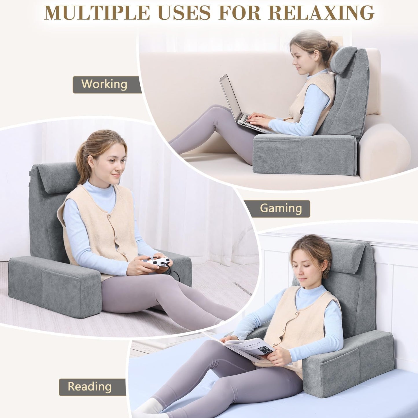 TANYOO Reading Pillow for Sitting Up in Bed Backrest Pillow with Armrests, Headrest and Side Pockets Dual Layer Back Support for Bed and Sofa Ideal for Adults Watching TV, Gaming, Recovery Dark Grey