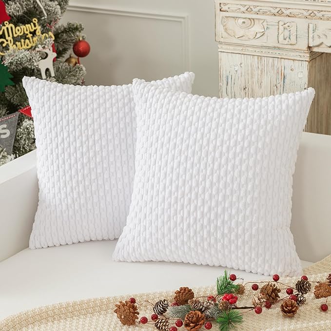 Kevin Textile Decorative Pillow Covers Soft Striped Velvet Throw Pillow Covers Set of 2 Cushion Cover for Chair 18 x 18 Inch Pure White