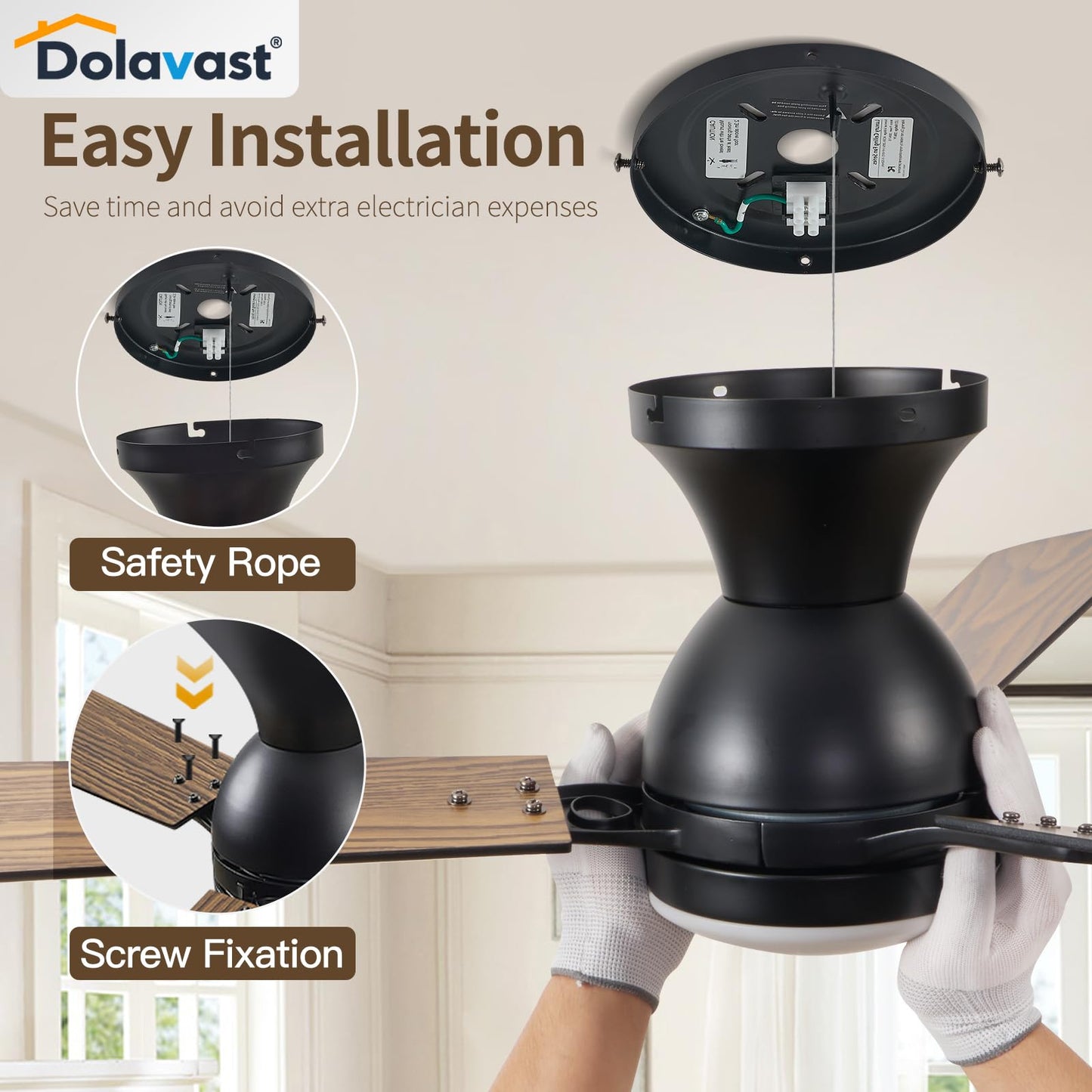Dolavast Ceiling Fans with Lights, 52 inch Low Profile Ceiling Fan with Light and Remote Control, Flush Mount, Reversible, 3CCT, Dimmable LED, Noiseless, Black Ceiling Fan for Bedroom, Living Room