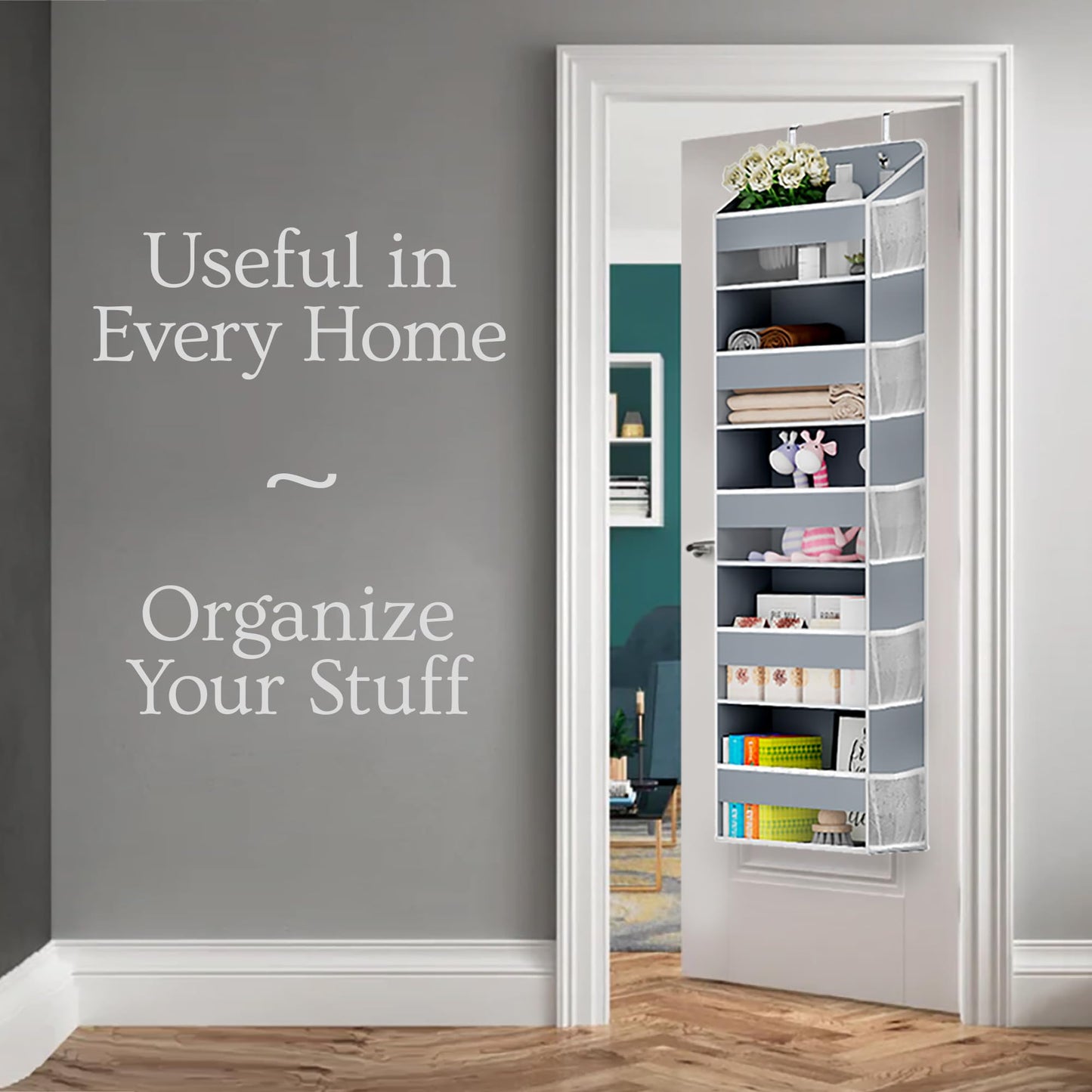 GoodMind Creations One Pack Hanging Closet Over The Door Organizer with 5 Shelf Storage for Bedroom, Bathroom, Pantry, Large Capacity Transparent Pockets for Behind Doors