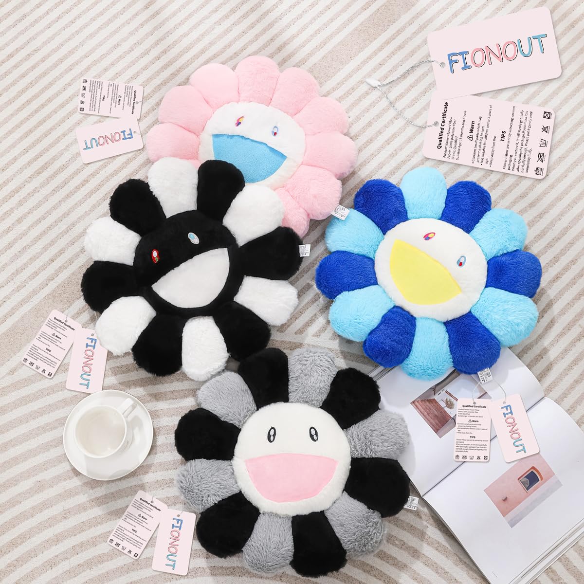 FIONOUT Cute Smile Face Flower Pillow - Soft Fluffy Sunflower Plush Pillow for Girls, Cozy Floor Cushion & Bedroom Decor Gift for Chair/Couch/Car