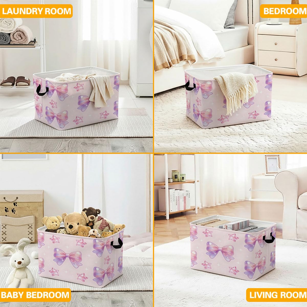 56L Beautiful Bow Foldable Square Laundry Hamper with Handles – Large Clothes, Blanket & Toy Storage Basket for Home Organization.