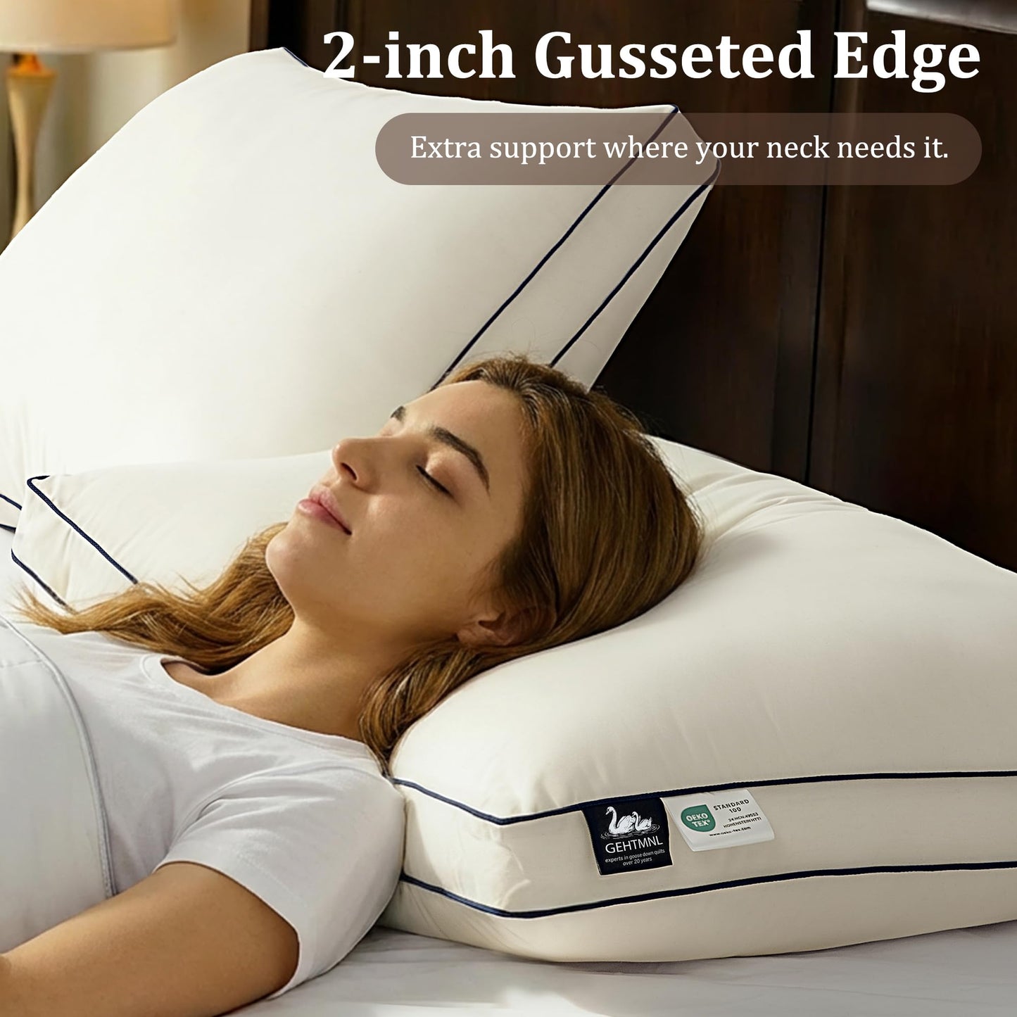 Gehtmnl Feather and Down Fiber Firm Bed Pillows Set of 2, 3-Chamber Design with 2” Gusset, Organic Cotton Cover, Hotel Quality Support for Side and Back Sleeper (2,King(20"x36"))