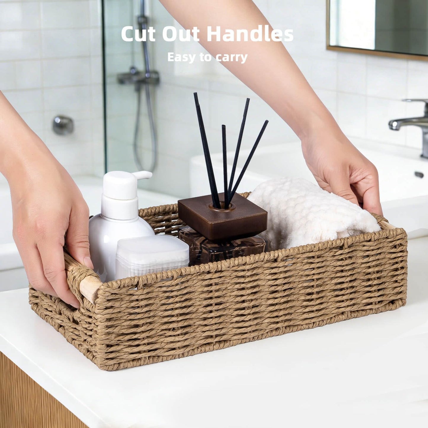 CubesLand Back of Toilet Storage Basket for Organizing w/Cut Out Handle, Handwoven Toilet Tank Top Paper Baskets, Wicker Decorative Basket for Countertop, Home Decor, Living Room, Nursery, Neutral