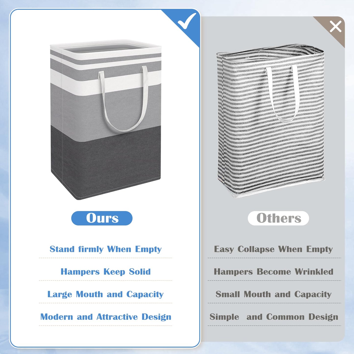 BlissTotes 3-Pack Laundry Basket, Freestanding＆Waterproof Laundry Hamper, Collapsible Tall Clothes Hamper with Easy Carry Handles for Clothes, Towels in the Family and Dorm,Gradient Grey,75L