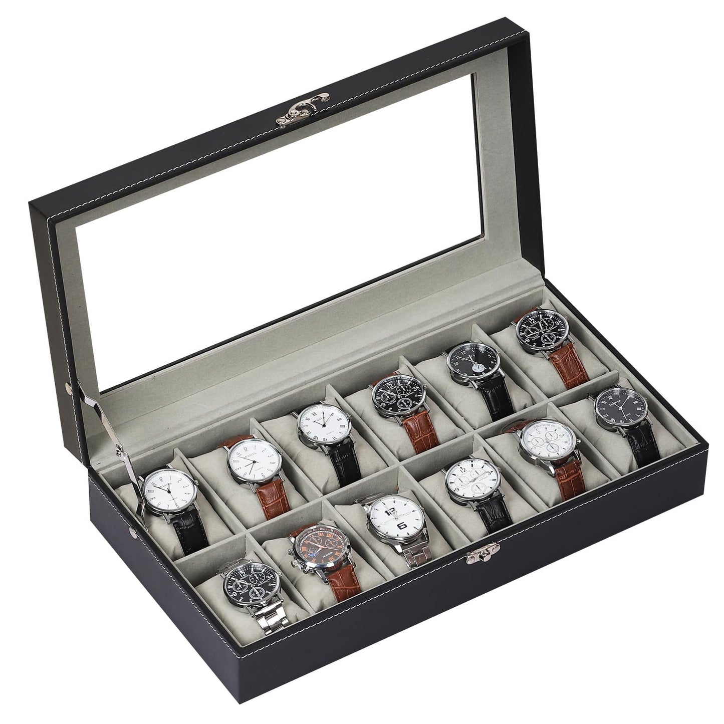 AUTOARK Leather & Velvet 12 Watch Box Glass Top Jewelry Display Lockable Case Organizer,Removable Watch Pillows,Black,MKAW107