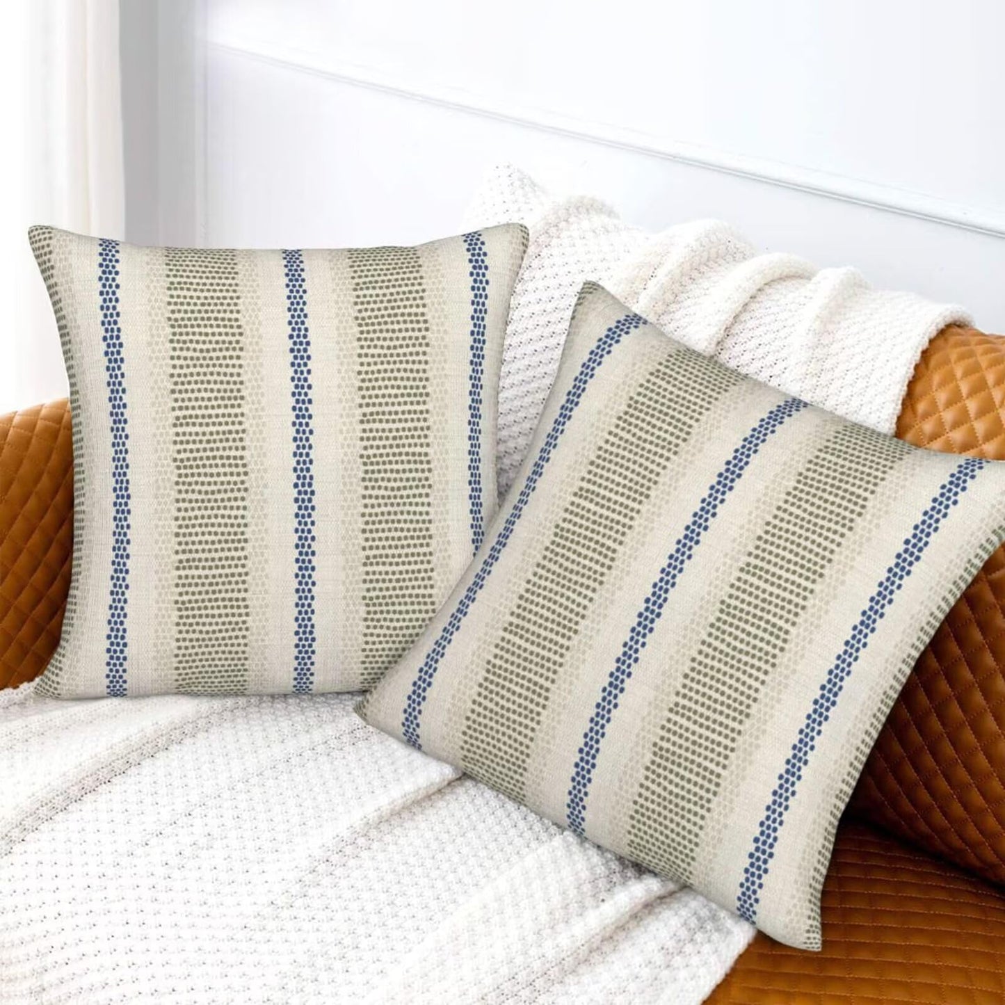 Sunshineyan Sage Green Blue Pillow Covers 18 x 18 Inch Set of 2 Boho Polka Dot Striped Decorative Outdoor Throw Pillow Covers Linen Farmhouse Modern Pillowcase for Home Sofa Couch Decor