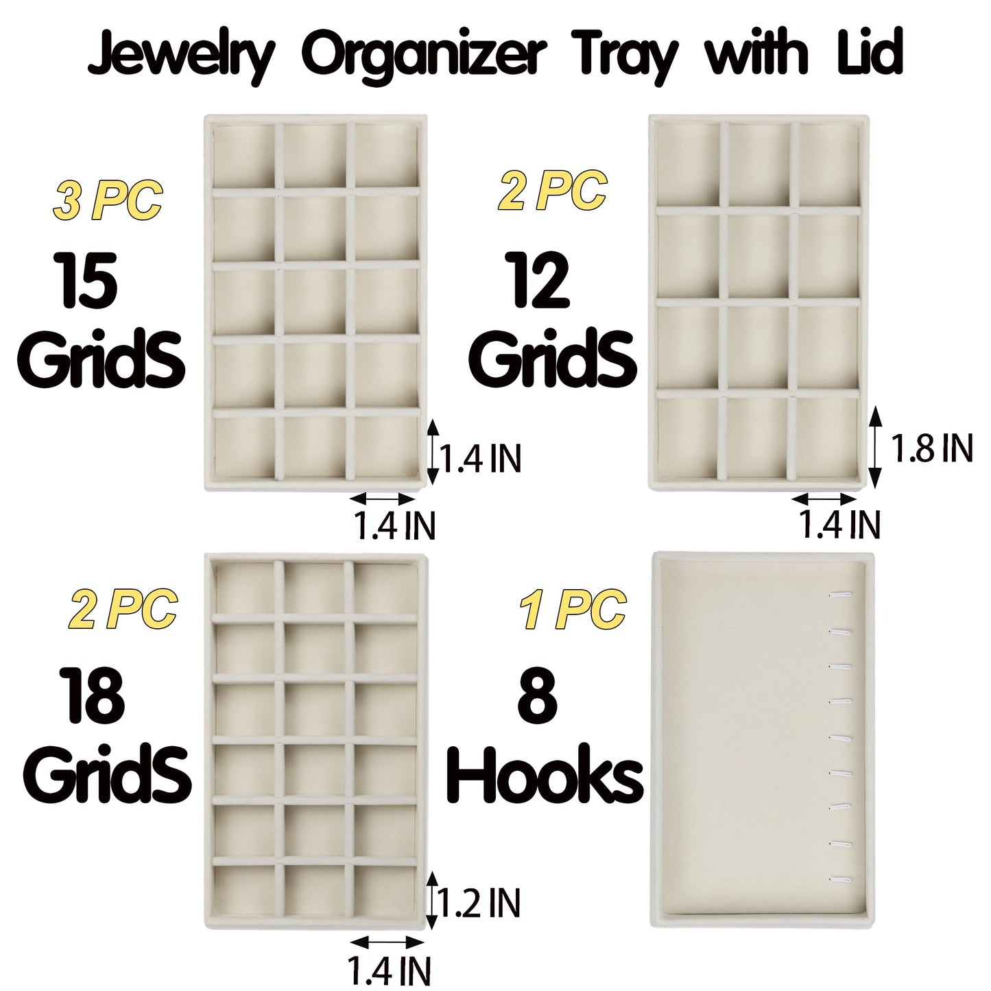 Set of 8 Stackable Jewelry Organizer Trays with 1 Lid for Drawer & Dresser Organizer, Adjustable Velvet Jewelry Box Tray Earring Organizer Necklace Storage Ring Bracelet Display Case (Beige)
