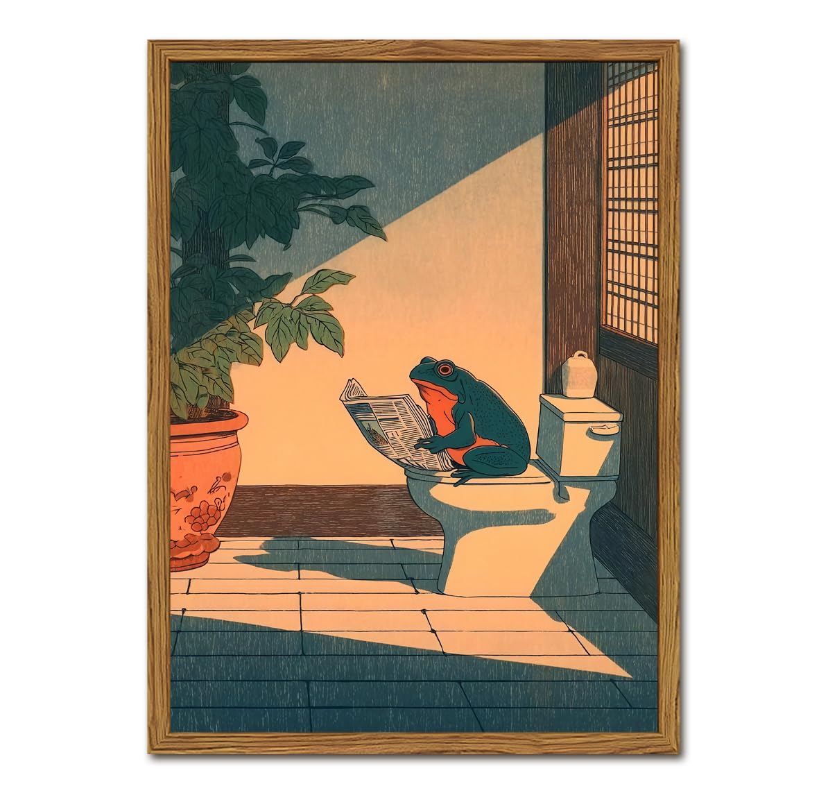 Funny Frog Bathroom Wall Art, Cute Japanese Frog in Toilet Wall Decor, Whimsical Green Animal Restroom Poster Canvas Painting Prints Artwork 12x16 inch Framed