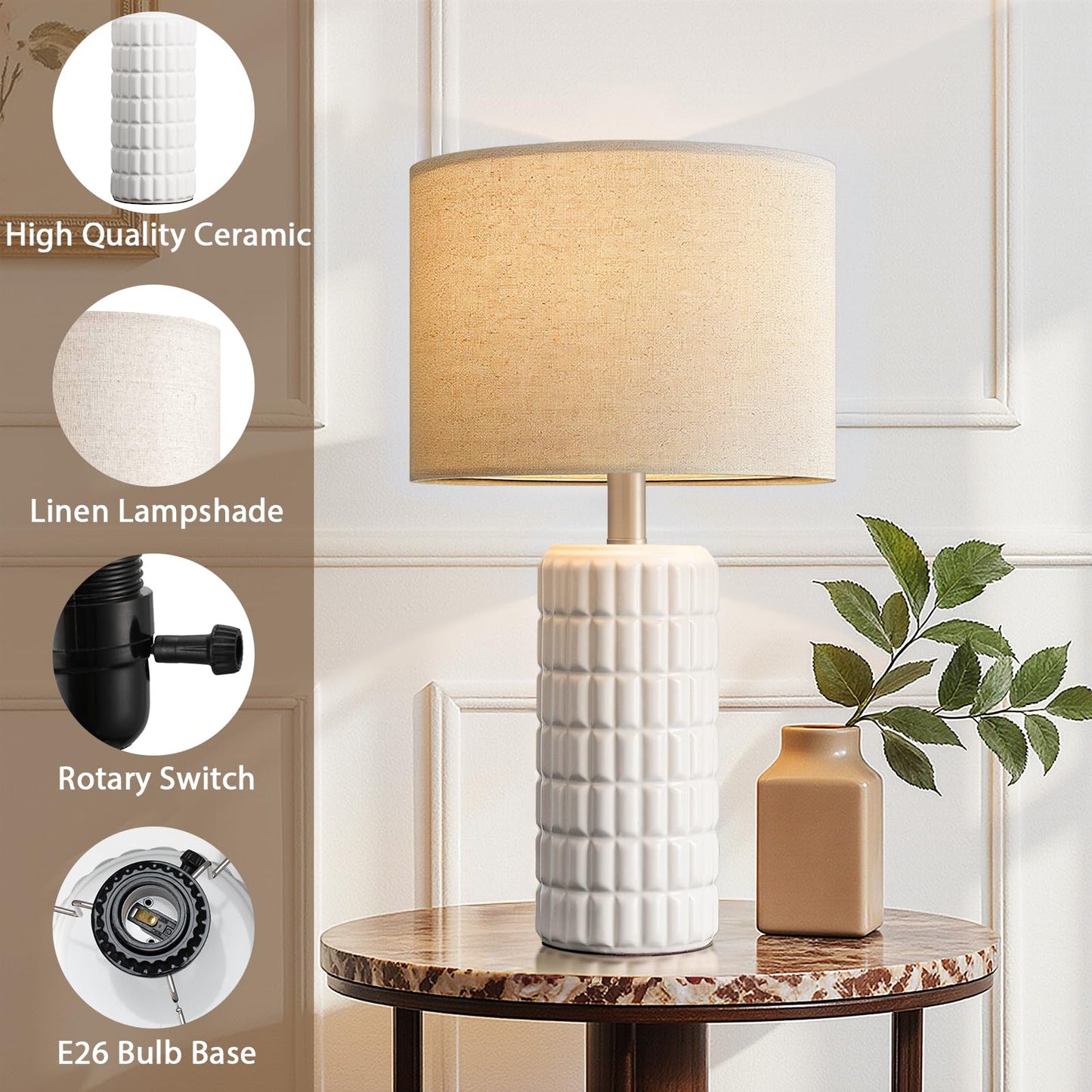 Seealle 23" Modern Ceramic Table Lamps Set of 2 - Table Lamps for Living Room, Farmhouse Bedside Night Stands Lamp for Bedroom, White Nightstand Lamps Set of 2, Desk Lamp for End Table Home Decor