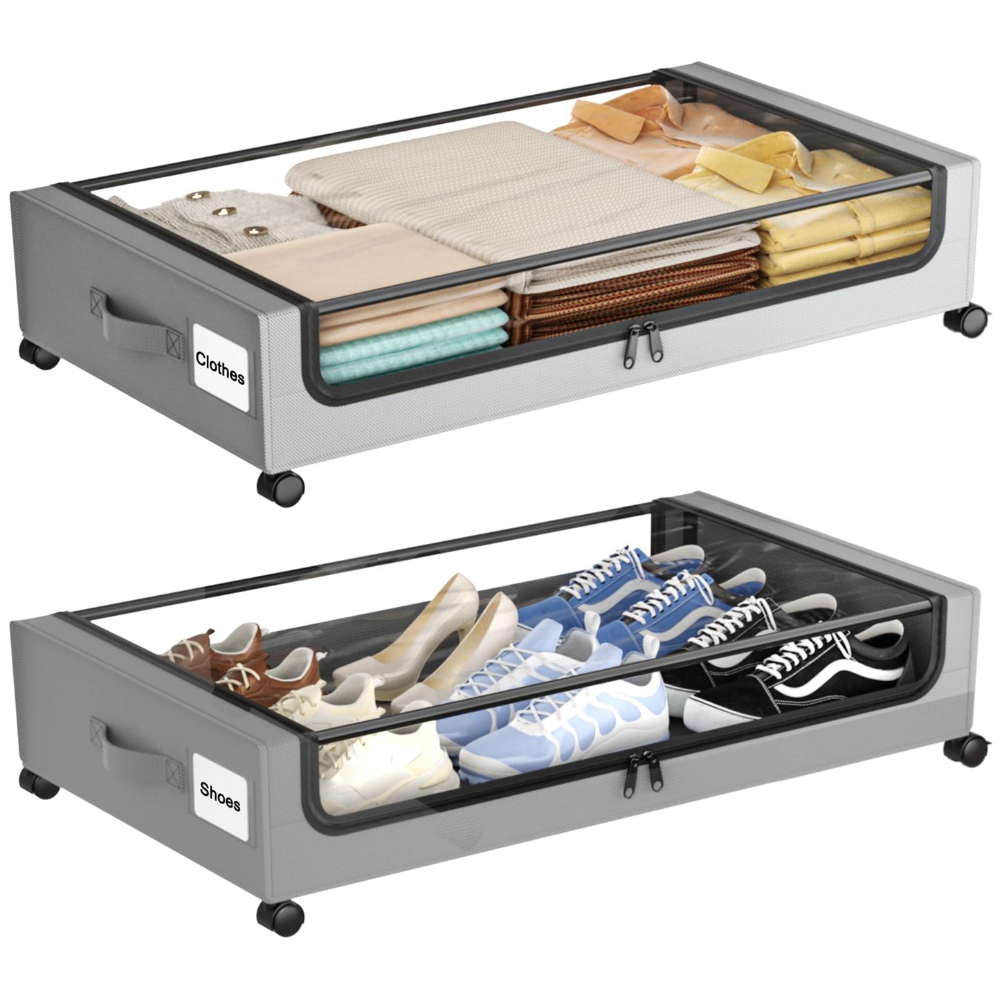 GoFujuco Under Bed Storage with Wheels,XXL 60L Under Bed Storage Containers with Clear Lids, Rolling Under Bed Metal Drawer for Clothes, Shoes,Toys(Gray, 2 Pack)