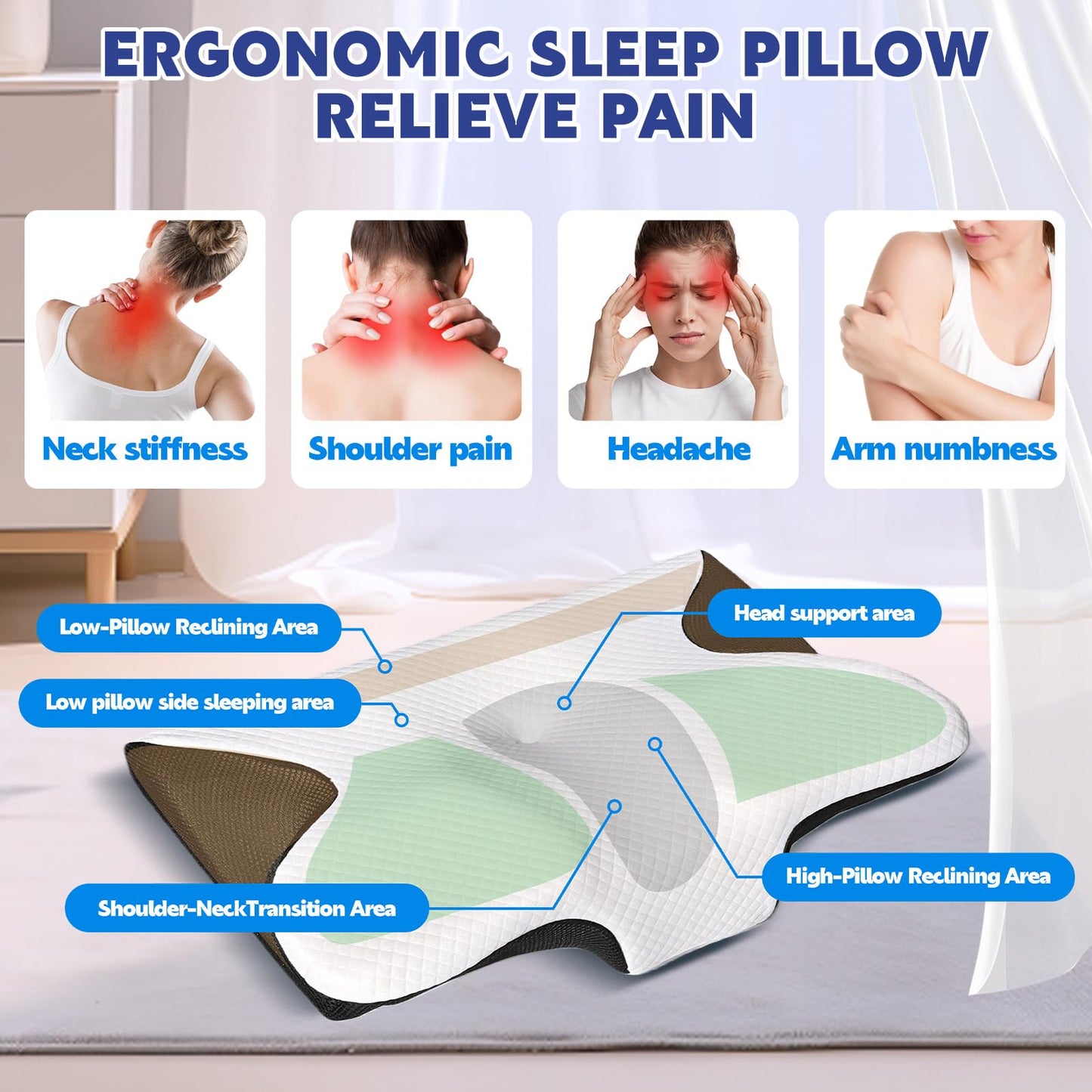 Keaolotay 2 in1 Memory Foam Cervical Pillow, Ergonomic Orthopedic Contoured Support Pillow for Neck Pain Relief, Bed Pillow for Side Back Stomach Sleepers Comes with 2 Pillowcases & 1 Eye Mask(Black)