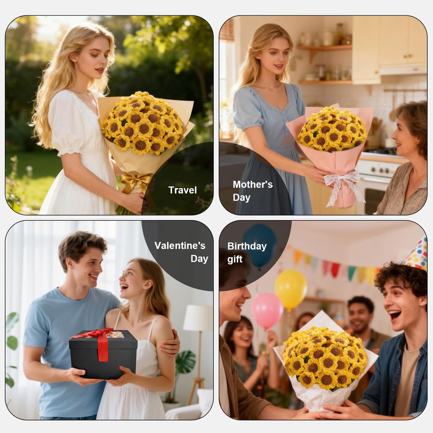 Sunflower Crochet Flower Bouquet Blanket, Handmade Knitted Round Throw Blanket, Cute Unique Birthday Gifts for Women Her Girlfriend Wife Mom Mother’s Day Christmas Valentine Anniversary, 51 IN