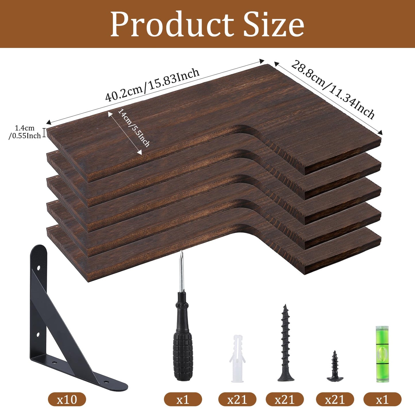 COCPOK Corner Floating Shelves Set of 5, Wall Mounted Wood Shelves for Home Decor, Rustic Wood Wall Storage Corner Shelf for Kitchen Bedroom Bathroom Living Room Office, Dark Brown